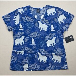 Zoe + Chloe Polar Bear Scrub Top Size Large Snow‎ Flakes Holiday Xmas Blue NWT